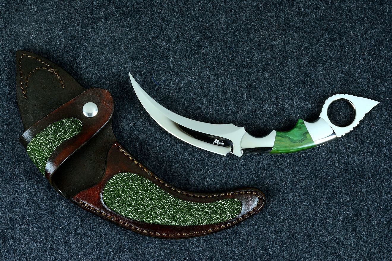 "Raptor" fine handmade custom karambit knife in T3 deep cryogenically treated ATS-34 high molybdenum martensitic stainless steel blade, 304 stainless steel bolsters, Budstone (Verdite) gemstone  handle, leather sheath inlaid with green rayskin "Raptor" fine handmade custom karambit knife in T3 deep cryogenically treated ATS-34 high molybdenum martensitic stainless steel blade, 304 stainless steel bolsters, Budstone (Verdite) gemstone  handle, leather sheath inlaid with green rayskin