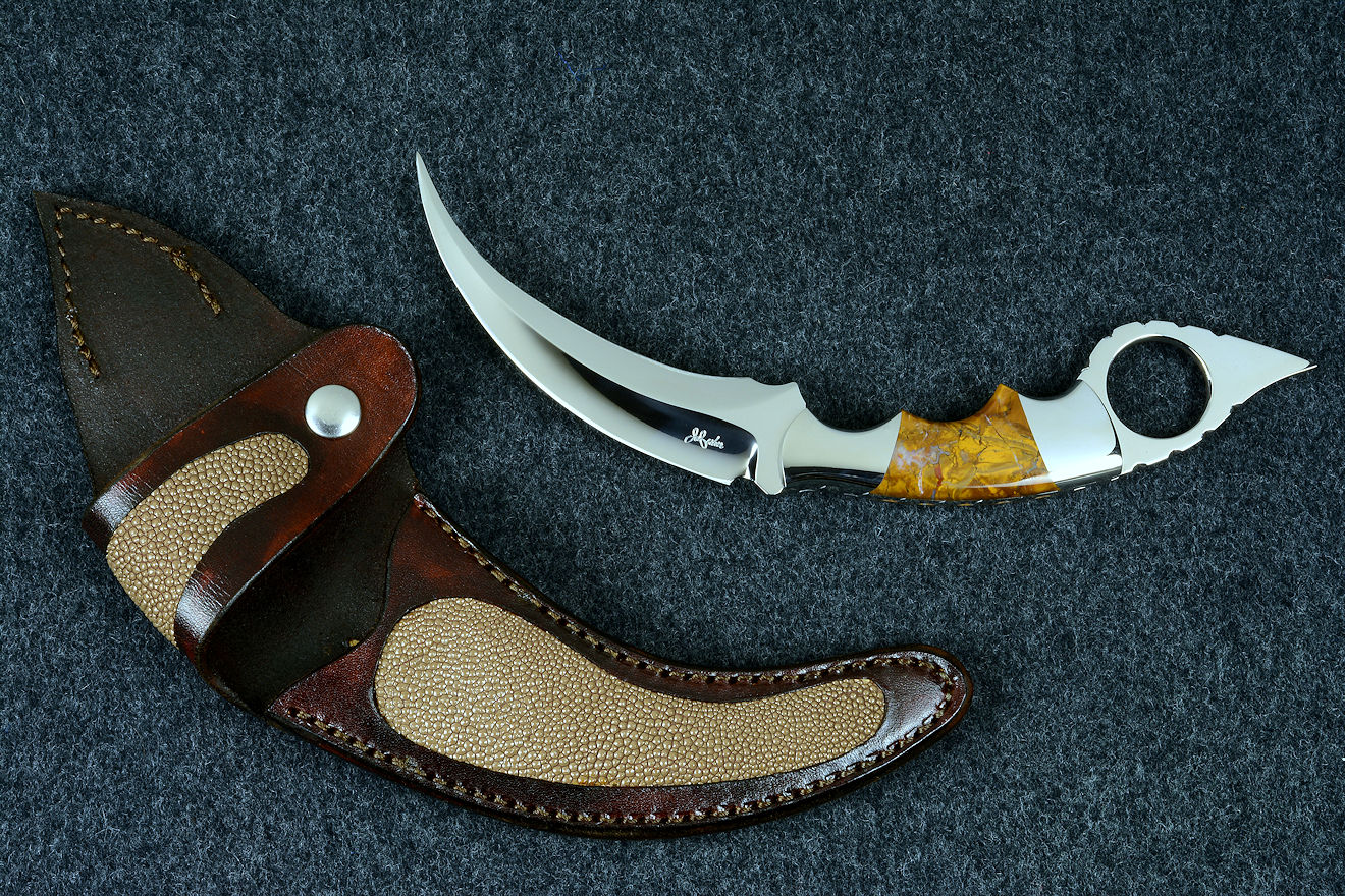 "Raptor" fine handmade custom karambit knife in T3 deep cryogenically treated ATS-34 high molybdenum martensitic stainless steel blade, 304 stainless steel bolsters, Polvadera Agate-Jasper gemstone  handle, leather sheath inlaid with tan rayskin "Raptor" fine handmade custom karambit knife in T3 deep cryogenically treated ATS-34 high molybdenum martensitic stainless steel blade, 304 stainless steel bolsters, Polvadera Agate-Jasper gemstone  handle, leather sheath inlaid with tan rayskin