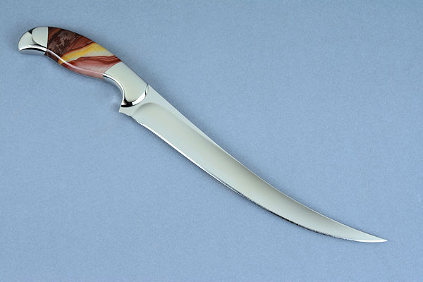 "Falcate" chef's knife, reverse side view  in T3 cryogenically treated 440C high chromium martensitic stainless steel blade, 304 stainless steel bolsters, Hickoryite rhyolite gemstone handle