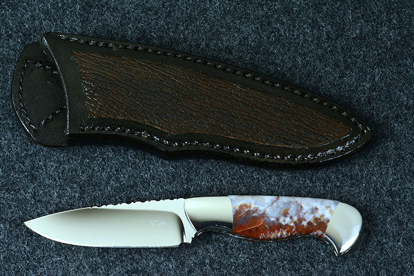 "Temno" fine handmade knife in T3 deep cryogenically treated ATS-34 high molybdenum martensitic stainless steel blade, 304 stainless steel bolsters, Bay of Fundy flame agate gemstone handle, shark skin inlaid in leather sheath "Temno" fine handmade knife in T3 deep cryogenically treated ATS-34 high molybdenum martensitic stainless steel blade, 304 stainless steel bolsters, Bay of Fundy flame agate gemstone handle, shark skin inlaid in leather sheath