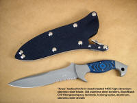 "Anzu" obverse side view; Tactical knife in bead blasted 440c stainless steel blade, 304 stainless steel bolsters, G10 epoxy-fiberglass laminate handle, locking kydex, aluminum, stainless steel combat sheath