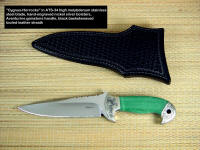 "Cygnus-Horrocks" ATS-34 high molybdenum stainless steel blade, hand-engraved nickel silver bolsters, Aventurine gemstone handle, black basketweave sheath