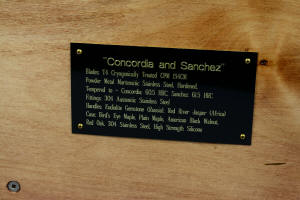 "Concordia and Sanchez" hardwood case engraved legend plate view in maple, bird's eye maple, American Black walnut, 304 stainless steel