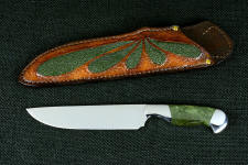 "Opere" Custom Knife, obverse side view in T4 cryogenically treated CPM 154CM powder metal stainless steel blade, 304 stainless steel bolsters, Nephrite Jade gemstone handle, hand-carved leather sheath inlaid with green rayskin