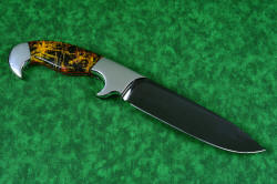 "Quetzal" (with reflector above), reverse side view, in deep cryogencially treated, hot blued O1 high carbon tungsten-vanadium tool steel blade, 304 stainless steel bolsters, Pilbara Picasso Jasper and Red River Jasper gemstone handle, hand-carved leather sheath inlaid with shark skin