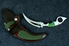 "Raptor" fine handmade custom karambit knife in T3 deep cryogenically treated ATS-34 high molybdenum martensitic stainless steel blade, 304 stainless steel bolsters, Budstone (Verdite) gemstone  handle, leather sheath inlaid with green rayskin "Raptor" fine handmade custom karambit knife in T3 deep cryogenically treated ATS-34 high molybdenum martensitic stainless steel blade, 304 stainless steel bolsters, Budstone (Verdite) gemstone  handle, leather sheath inlaid with green rayskin