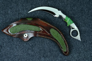 "Raptor" fine handmade custom karambit knife, reverse side view  in T3 deep cryogenically treated ATS-34 high molybdenum martensitic stainless steel blade, 304 stainless steel bolsters, Budstone (Verdite) gemstone  handle, leather sheath inlaid with green rayskin "Raptor" fine handmade custom karambit knife, reverse side view  in T3 deep cryogenically treated ATS-34 high molybdenum martensitic stainless steel blade, 304 stainless steel bolsters, Budstone (Verdite) gemstone  handle, leather sheath inlaid with green rayskin