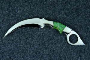 "Raptor" fine handmade custom karambit knife, reverse side view in T3 deep cryogenically treated ATS-34 high molybdenum martensitic stainless steel blade, 304 stainless steel bolsters, Budstone (Verdite) gemstone  handle "Raptor" fine handmade custom karambit knife, reverse side view in T3 deep cryogenically treated ATS-34 high molybdenum martensitic stainless steel blade, 304 stainless steel bolsters, Budstone (Verdite) gemstone  handle