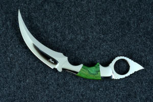 "Raptor" fine handmade custom karambit knife, obverse side view in T3 deep cryogenically treated ATS-34 high molybdenum martensitic stainless steel blade, 304 stainless steel bolsters, Budstone (Verdite) gemstone  handle, leather sheath inlaid with green rayskin "Raptor" fine handmade custom karambit knife, obverse side view in T3 deep cryogenically treated ATS-34 high molybdenum martensitic stainless steel blade, 304 stainless steel bolsters, Budstone (Verdite) gemstone  handle, leather sheath inlaid with green rayskin