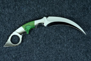 "Raptor" fine handmade custom karambit knife, obverse side view in T3 deep cryogenically treated ATS-34 high molybdenum martensitic stainless steel blade, 304 stainless steel bolsters, Budstone (Verdite) gemstone  handle, leather sheath inlaid with green rayskin "Raptor" fine handmade custom karambit knife, obverse side view in T3 deep cryogenically treated ATS-34 high molybdenum martensitic stainless steel blade, 304 stainless steel bolsters, Budstone (Verdite) gemstone  handle, leather sheath inlaid with green rayskin
