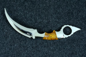 "Raptor" fine handmade custom karambit knife, double edged, maker's mark highlight, in ATS-34 stainless steel, 304 stainless steel bolsters, and Polvadera Jasper gemstone handle "Raptor" fine handmade custom karambit knife, double edged, maker's mark highlight, in ATS-34 stainless steel, 304 stainless steel bolsters, and Polvadera Jasper gemstone handle