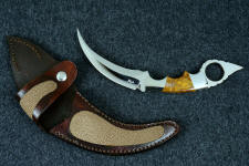 "Raptor" fine handmade custom karambit knife, obverse side view in T3 deep cryogenically treated ATS-34 high molybdenum martensitic stainless steel blade, 304 stainless steel bolsters, Polvadera Agate-Jasper gemstone  handle, leather sheath inlaid with tan rayskin "Raptor" fine handmade custom karambit knife, obverse side view in T3 deep cryogenically treated ATS-34 high molybdenum martensitic stainless steel blade, 304 stainless steel bolsters, Polvadera Agate-Jasper gemstone  handle, leather sheath inlaid with tan rayskin