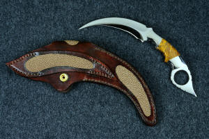 "Raptor" fine handmade custom karambit knife, reverse side view in T3 deep cryogenically treated ATS-34 high molybdenum martensitic stainless steel blade, 304 stainless steel bolsters, Polvadera Agate-Jasper gemstone  handle, leather sheath inlaid with tan rayskin "Raptor" fine handmade custom karambit knife, reverse side view in T3 deep cryogenically treated ATS-34 high molybdenum martensitic stainless steel blade, 304 stainless steel bolsters, Polvadera Agate-Jasper gemstone  handle, leather sheath inlaid with tan rayskin