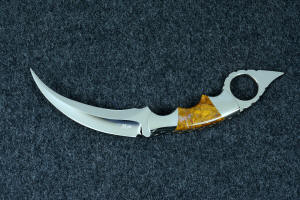 "Raptor" fine handmade custom karambit knife, obverse side view in T3 deep cryogenically treated ATS-34 high molybdenum martensitic stainless steel blade, 304 stainless steel bolsters, Polvadera Agate-Jasper gemstone  handle "Raptor" fine handmade custom karambit knife, obverse side view in T3 deep cryogenically treated ATS-34 high molybdenum martensitic stainless steel blade, 304 stainless steel bolsters, Polvadera Agate-Jasper gemstone  handle