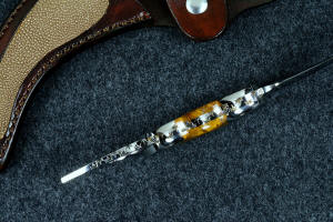 "Raptor" fine handmade custom knife inside handle tang detail showing full filework, contoured bolsters and gemstone handle, dovetailed handle set "Raptor" fine handmade custom knife inside handle tang detail showing full filework, contoured bolsters and gemstone handle, dovetailed handle set