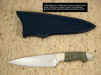 "Nihal Magnum," obverse side view in ATS-34 high molybdenum stainless steel blade, nickel silver bolsters, green canvas Micarta phenolic handle, black basketweaved leather sheath